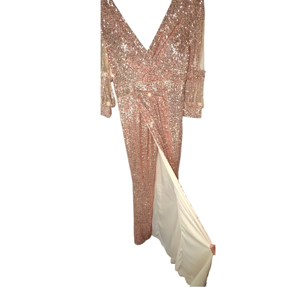 Rose Gold Sequin Maxi Dress with V-Neck and Sheer Tiered Sleeves - Picture 4 of 8